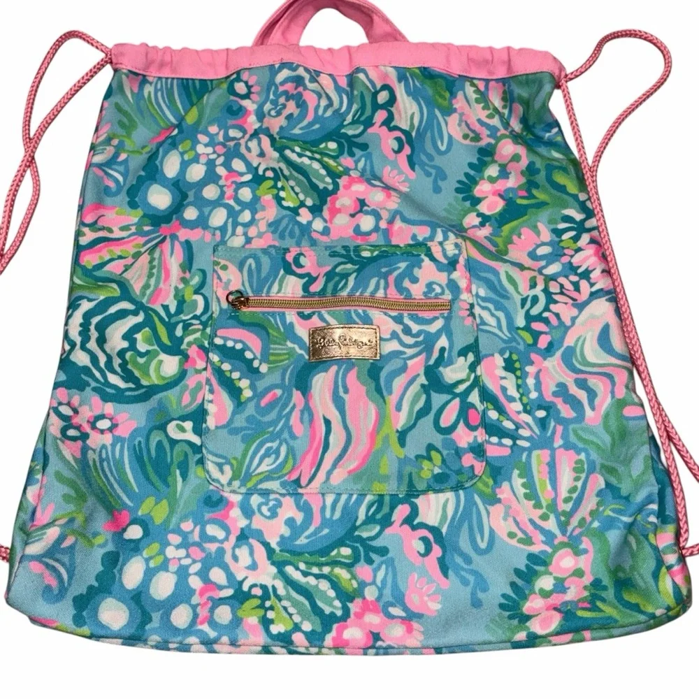 Lilly Pulitzer Blue Ibiza Aqua La Vista Drawstring Canvas Backpack Beach Bag